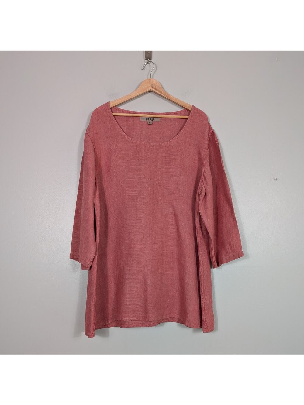 Flax Long Sleeve Linen Tunic Top L Coral Pink Lagenlook Minimalist Natural Fiber